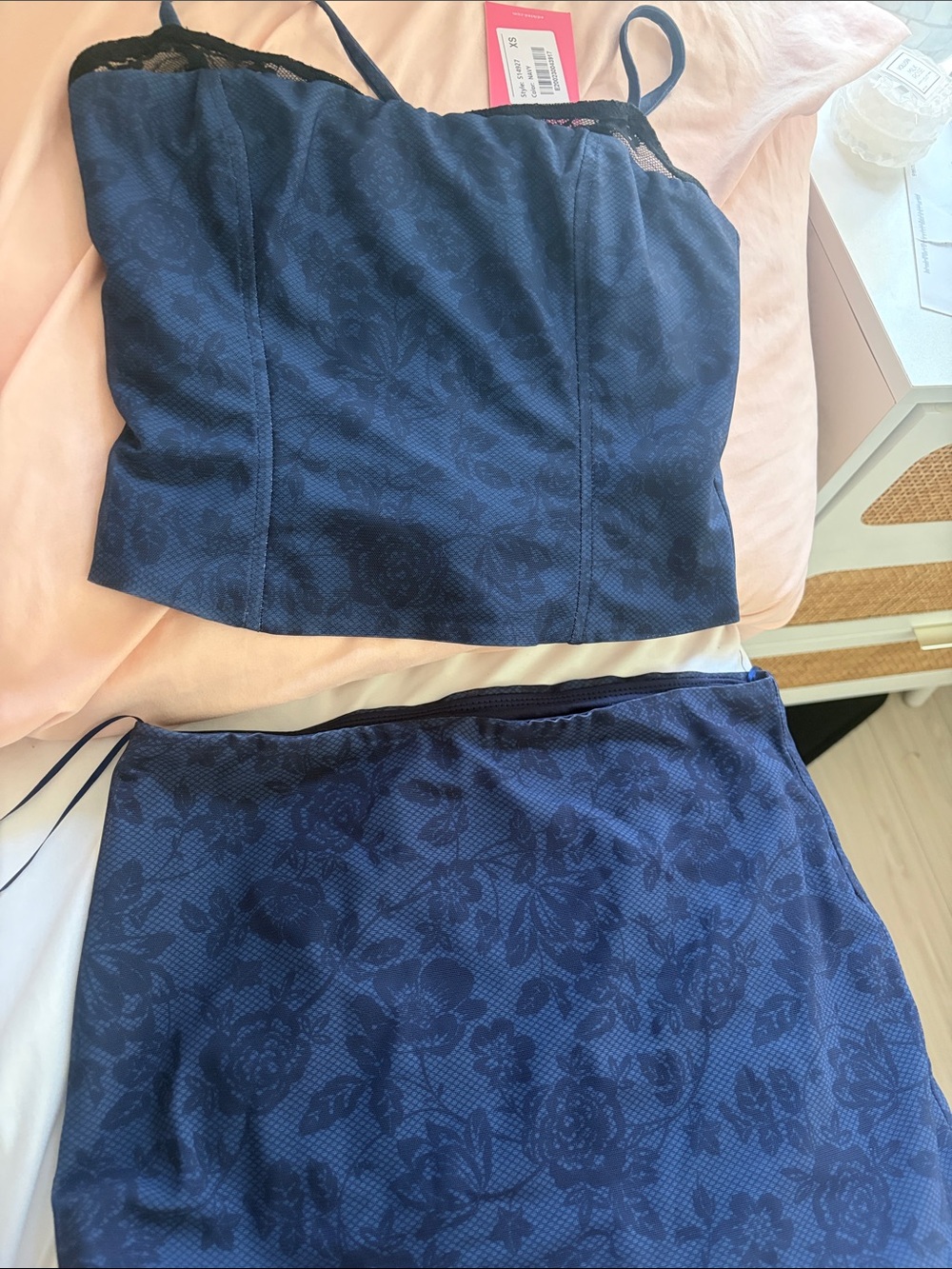 Edikted Navy Floral Jacquard Mini Skirt